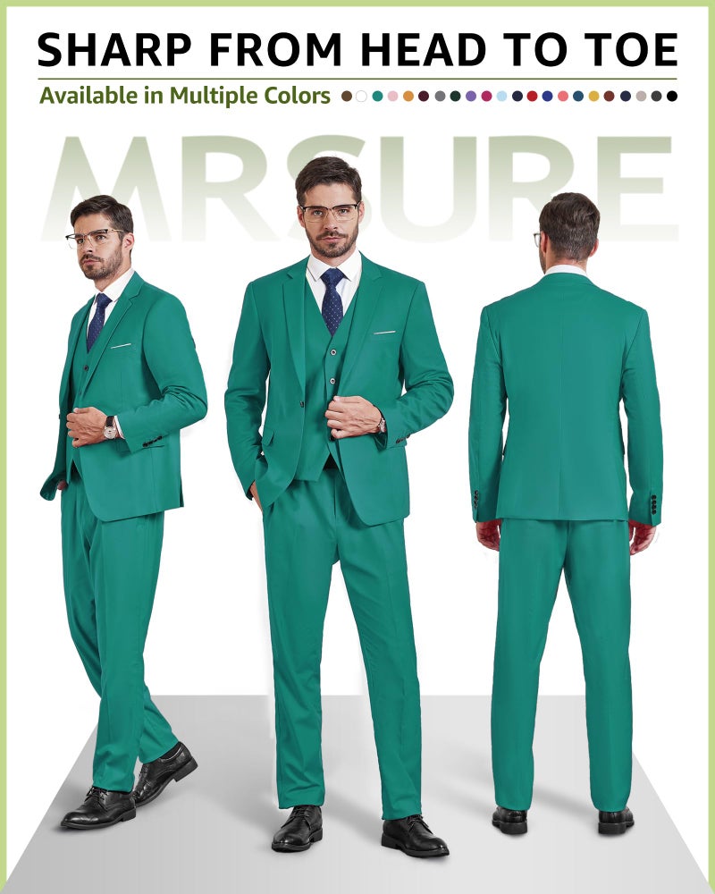 MrSure Men's 3 Piece Suit Blazer, Slim Fit Tux with One Button, Jacket Vest Pants & Tie Set for Party, Wedding and Business Green - Image 2